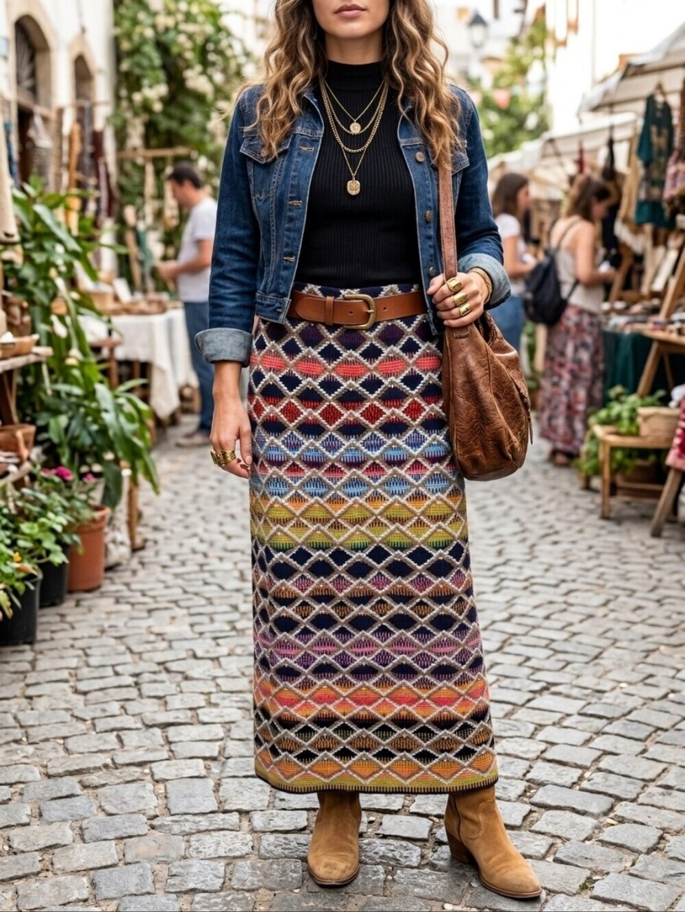 Handmade Multicolor Woven Geometric Boho Maxi Skirt Western Festival Size M